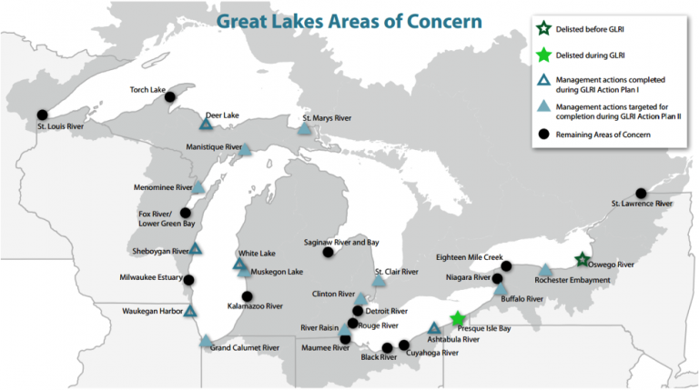 Rough Waters Ahead Cleaning Up Toxic Pollution Hotspots To Restore The   Figure 4 Great Lakes Areas Of Concern Map GLRI 768x429 