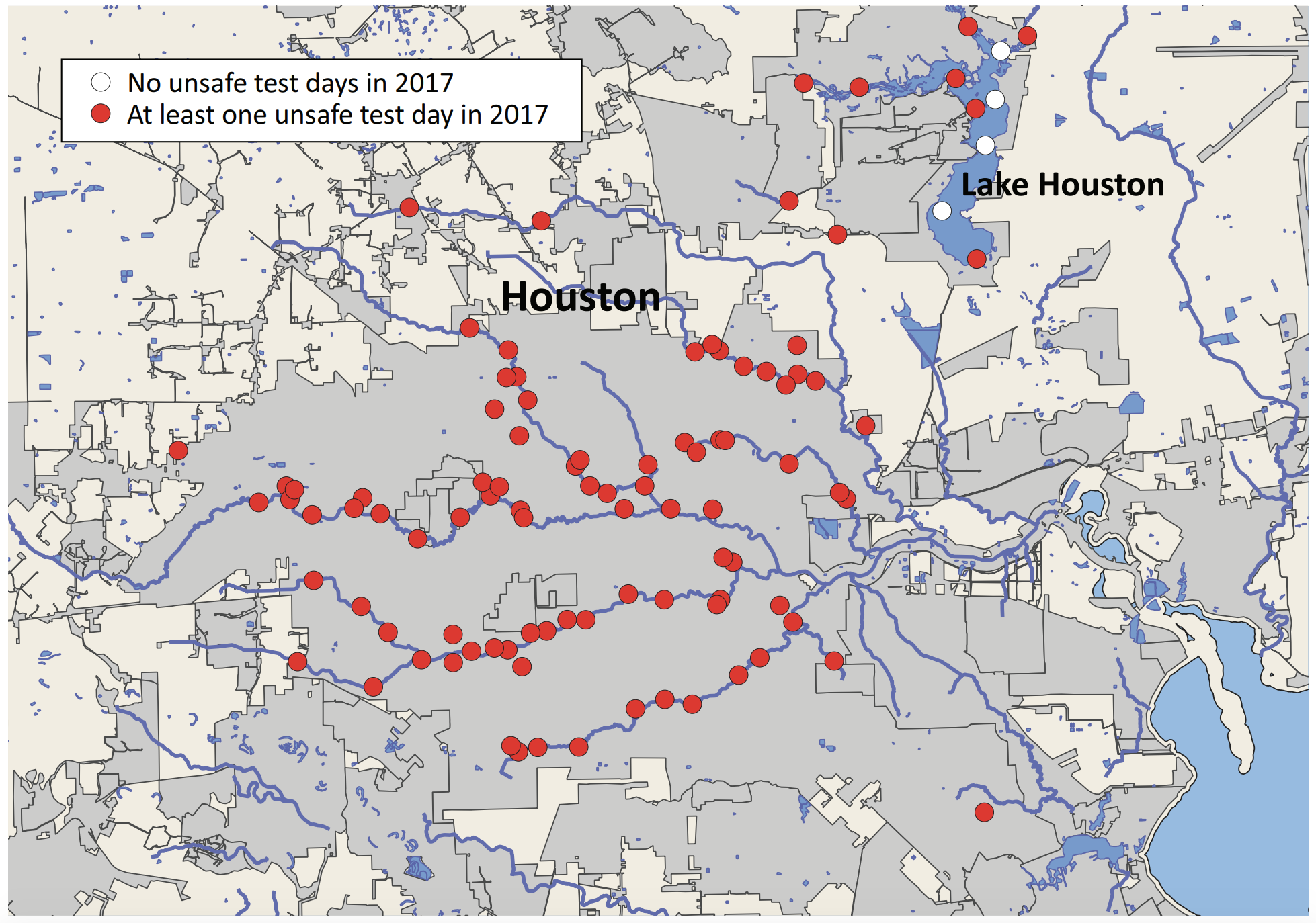 A map of the city of Houston showing polluted water was found at 96% of testing locations.