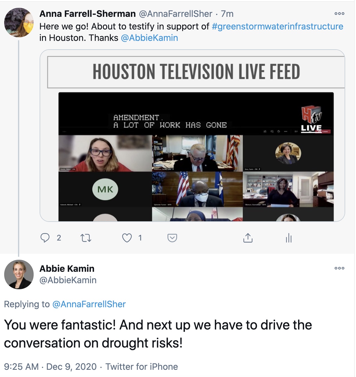twitter conversation between Houston City Council Member Abbie Kamin and our Clean Water Associate