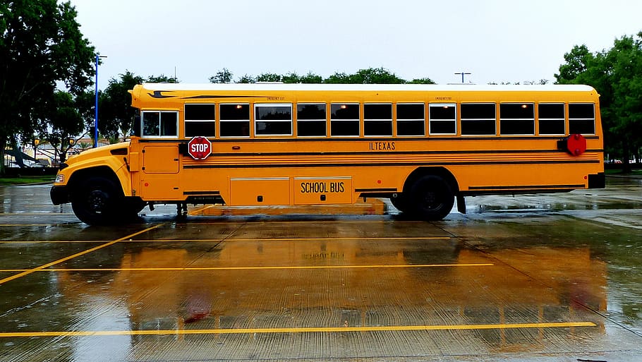 Electric School Bus in Rainy Parking Lot
