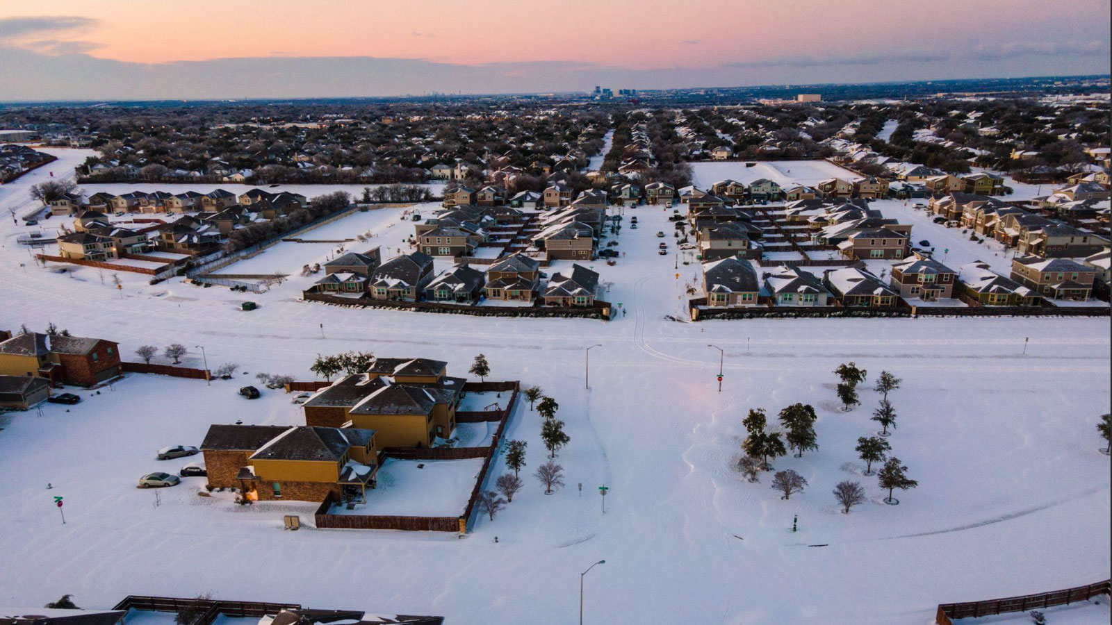 Snow-covered rooftops in Texas