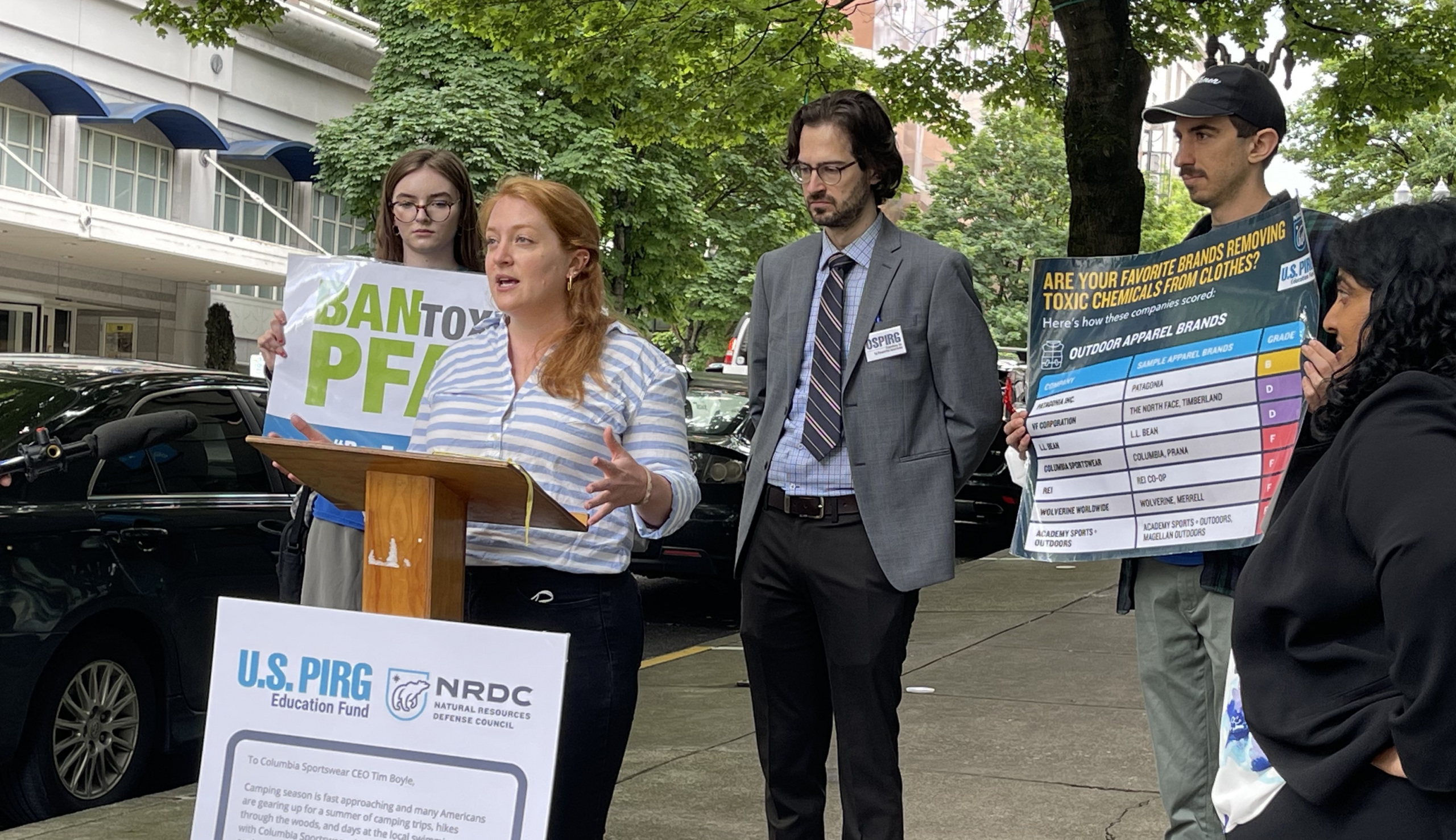 Speakers talk about the dangers of PFAS at the petition delivery event in Portland, OR