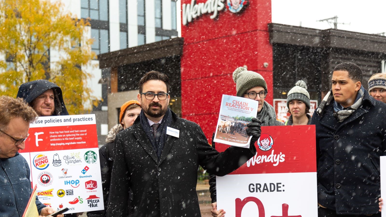 Advocates gathered outside a Wendy's to release a scorecard grading corporate policies to stop the overuse of antibiotics.