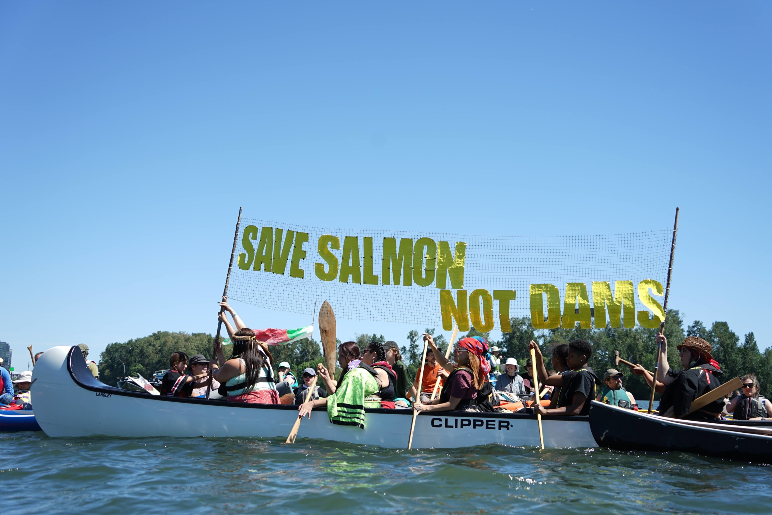 Save Salmon Not Dams Banner Raise- Tribal Canoe