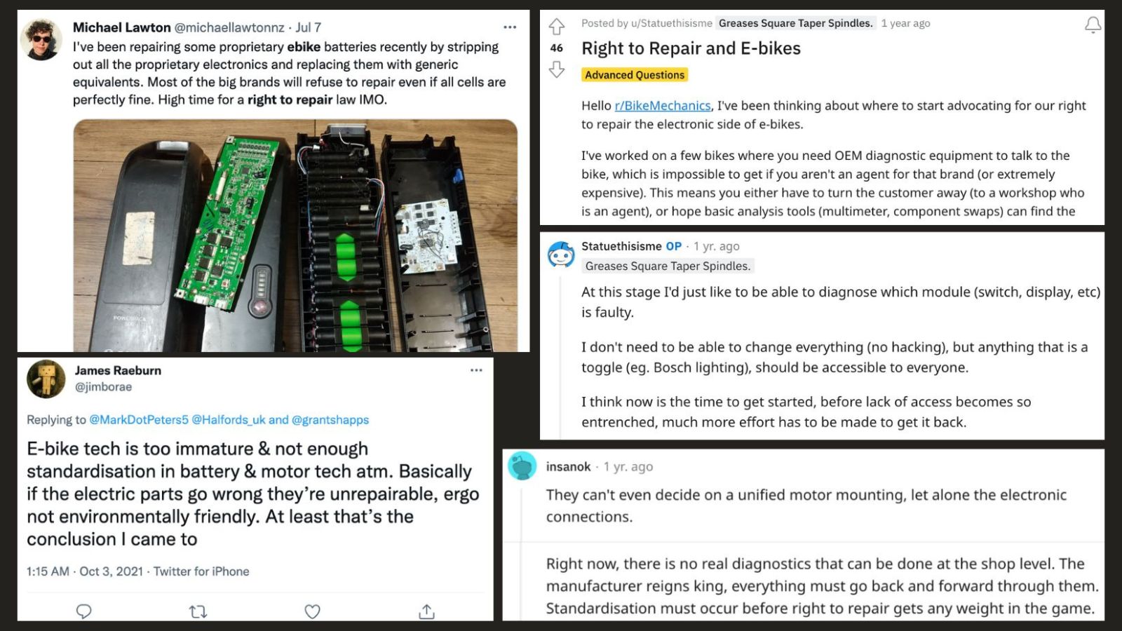 collage of social media users posting about e-bike repair