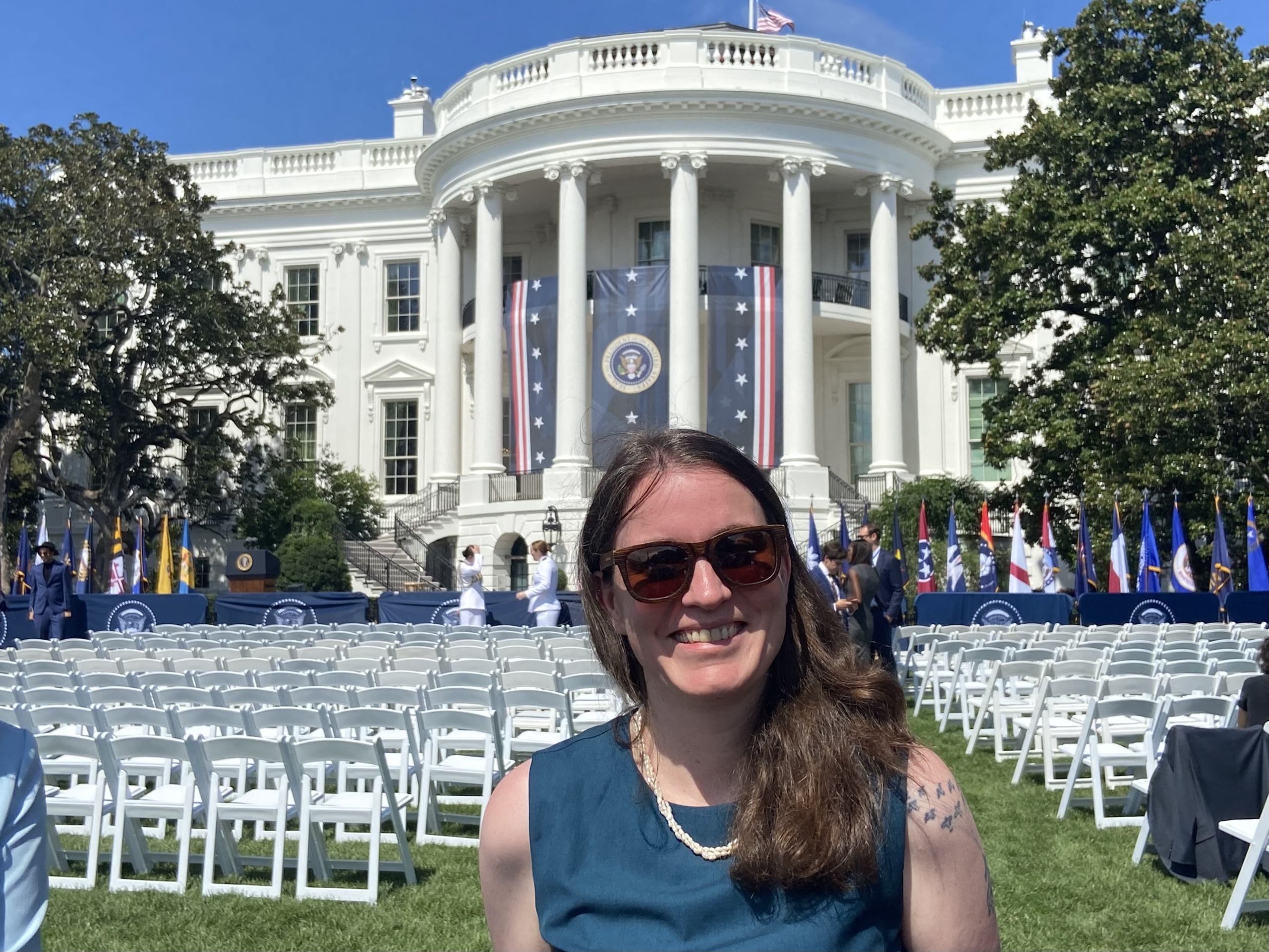 Celeste Meiffren-Swango stands in front of the White House