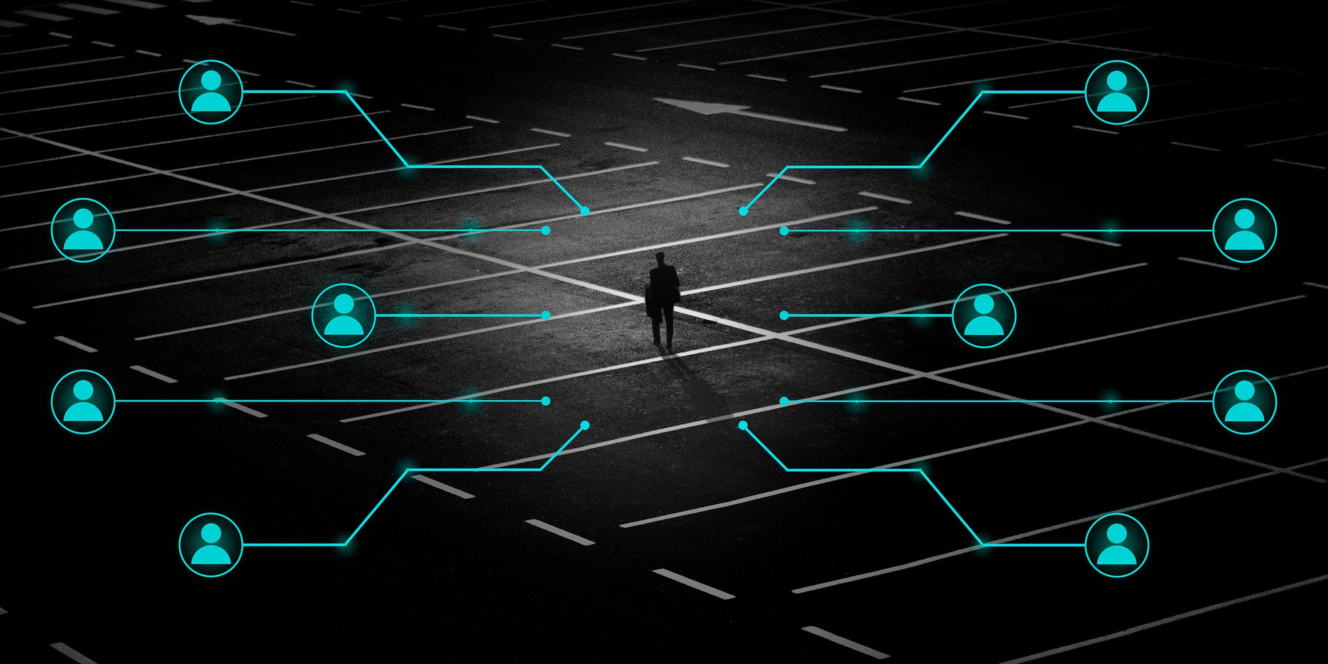 A person walks through a dark parking lot surrounded by digital lines as if they're extracting data from them