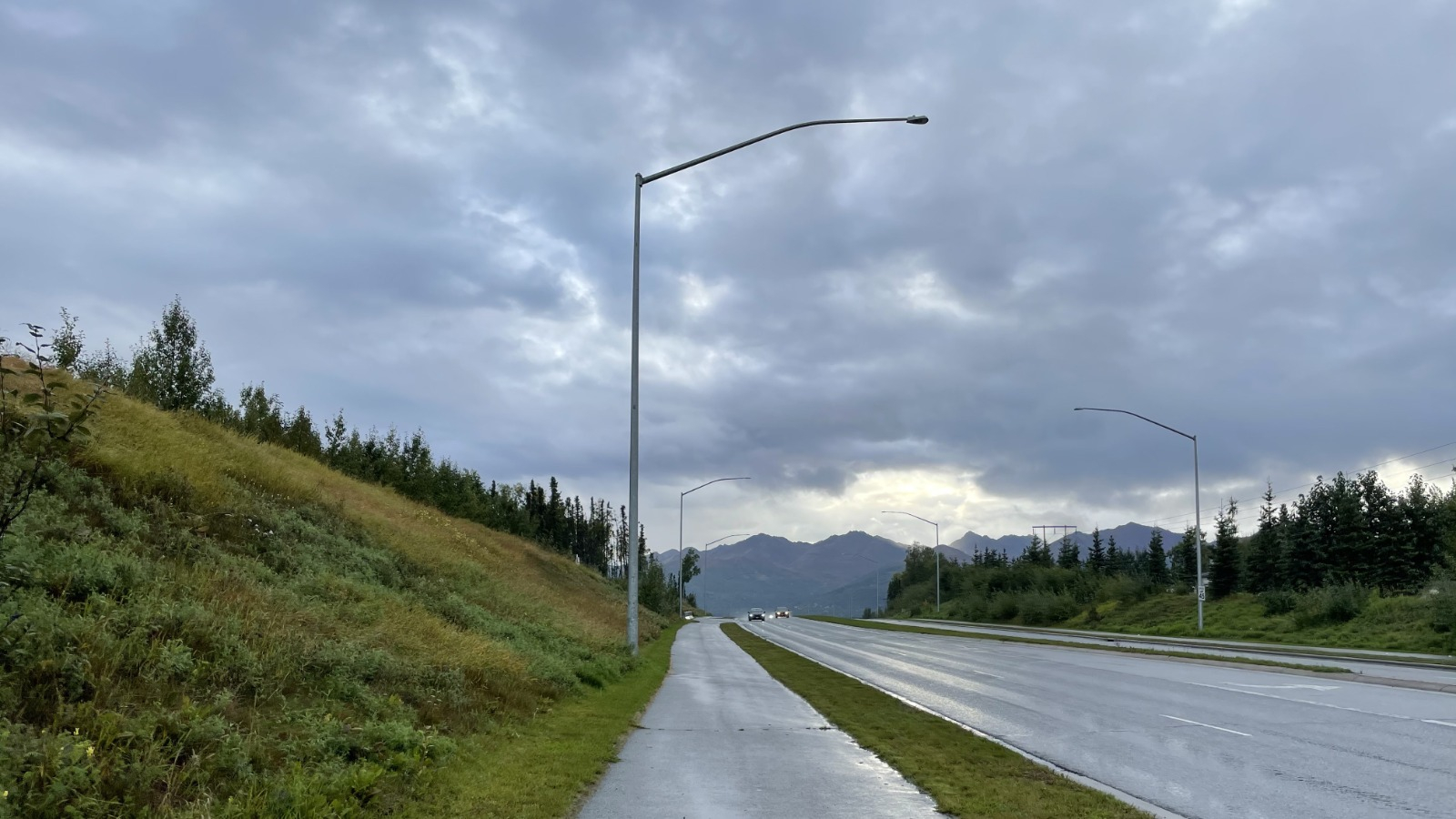 A walking and biking path next to Dowling Road in Anchorage.
