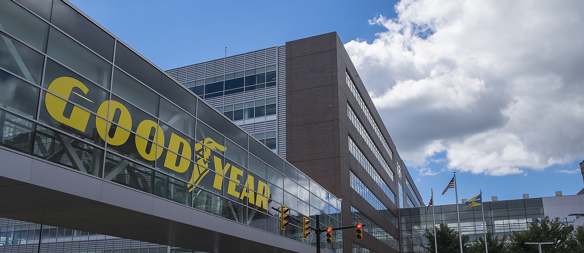 A photo of the exterior of Goodyear's headquarters