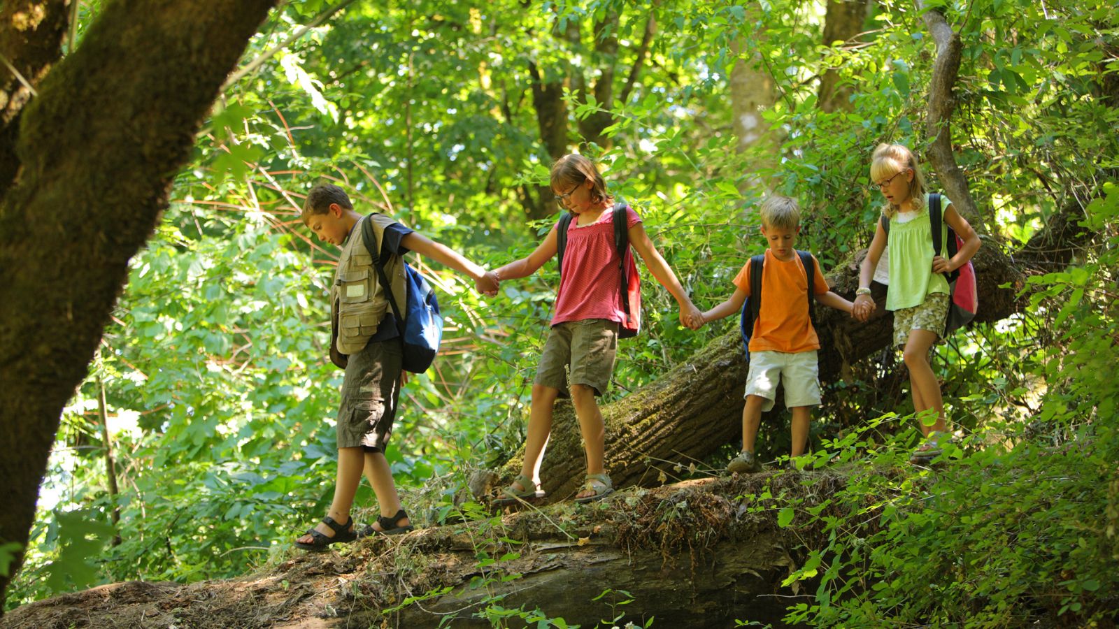 Kids walking on a log