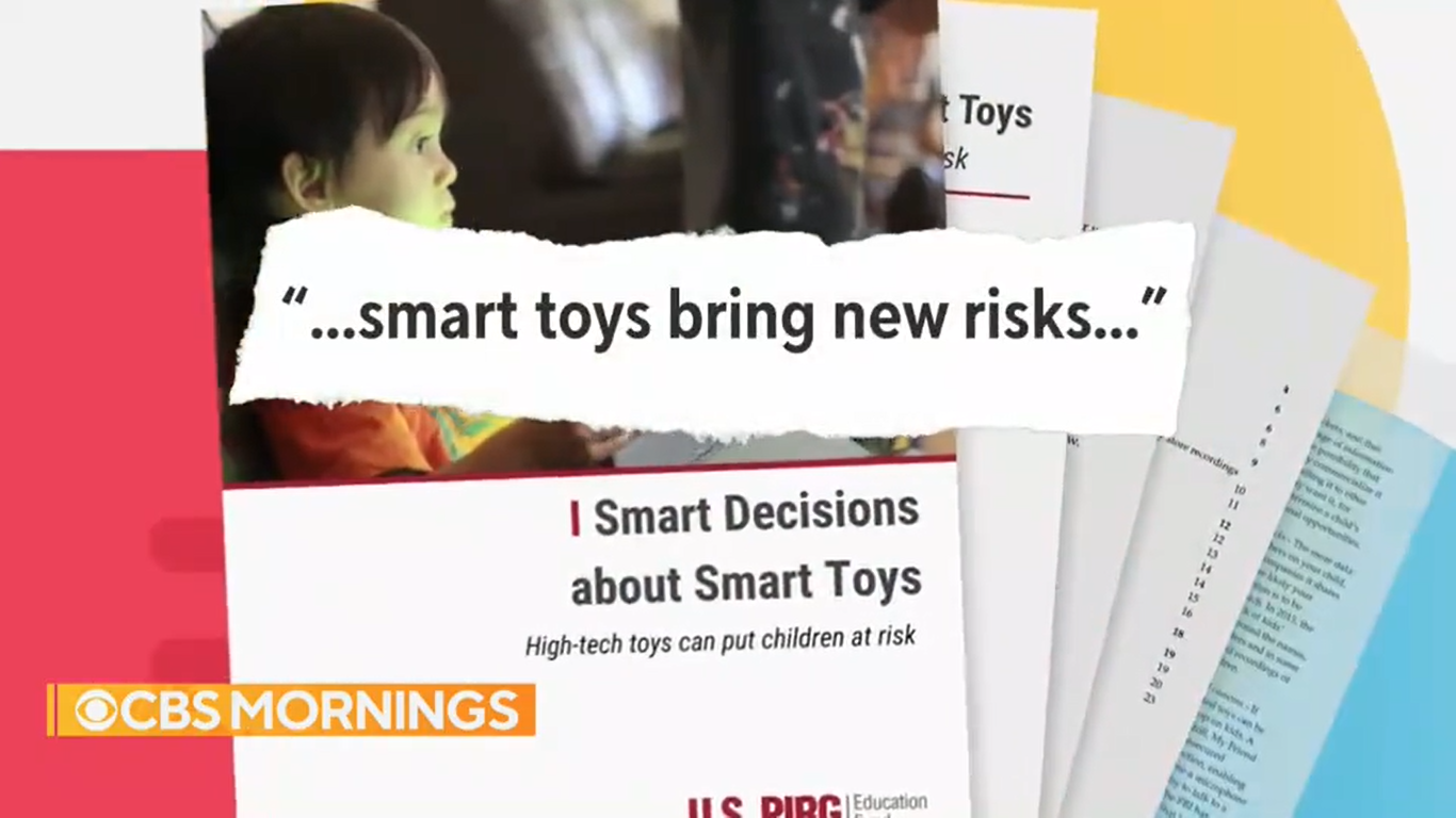 A screenshot shows the cover of PIRG's Smart Decisions about Smart Toys with a quote that says 