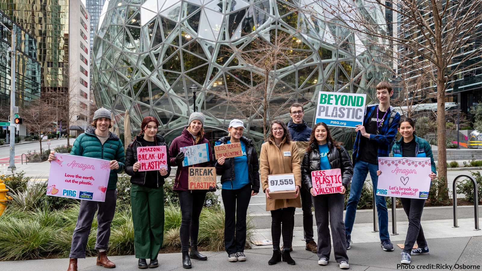 PIRG, Environment America, and Oceana delivered petition signatures to Amazon asking the e-commerce company to reduce plastic packaging