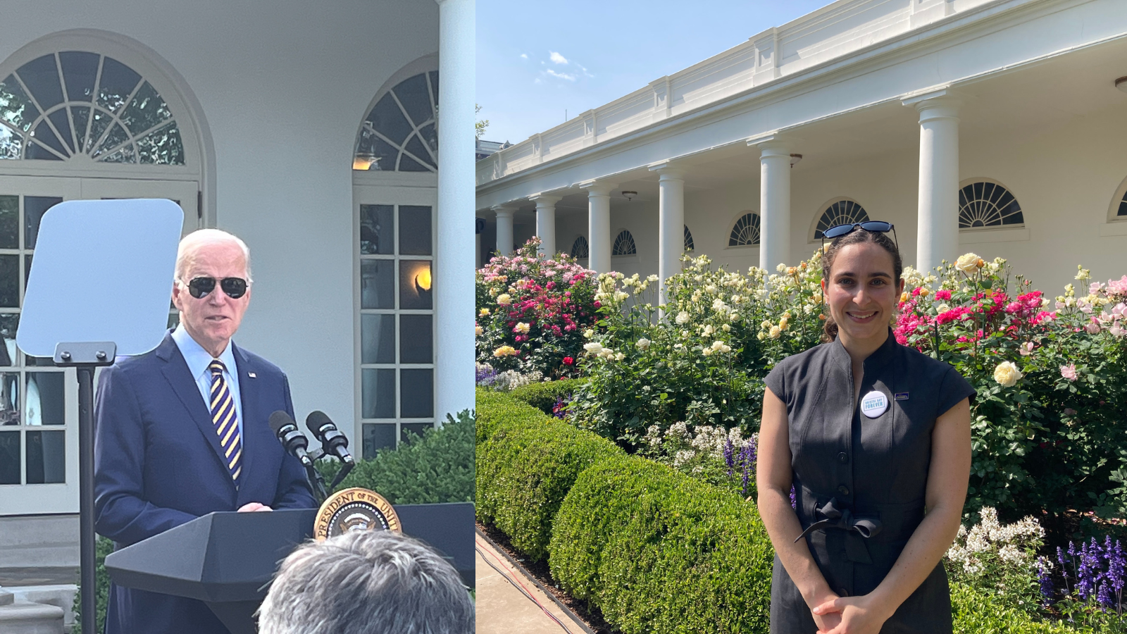 A photo of President Joe Biden speaking about protecting Bristol Bay and stopping the Pebble Mine next to a photo of Environment America's Lisa Frank in the Rose Garden at the celebration.