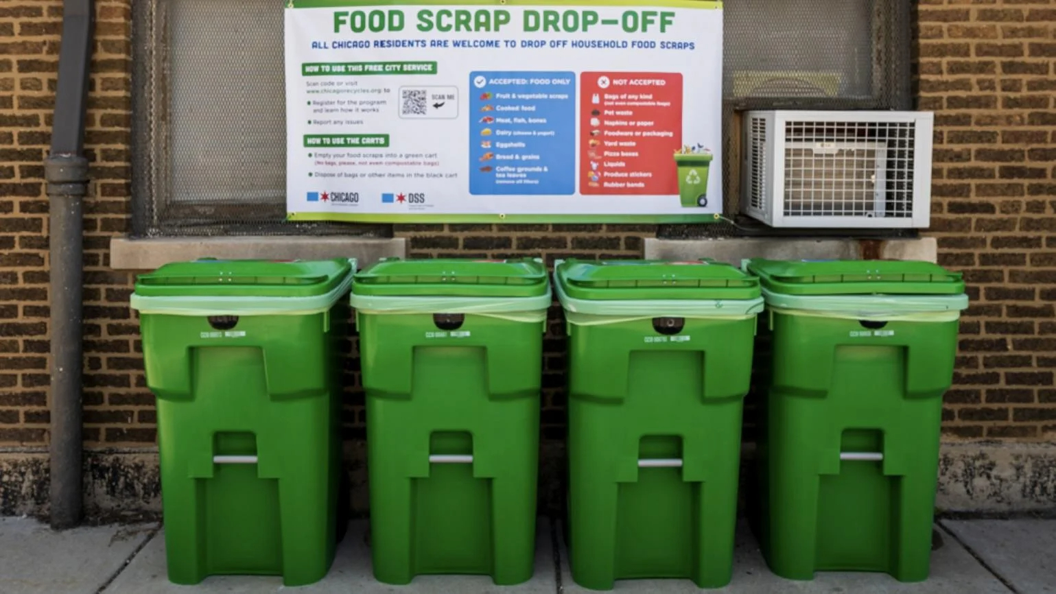 4 compost bins in Chicago's food scrap drop-off program