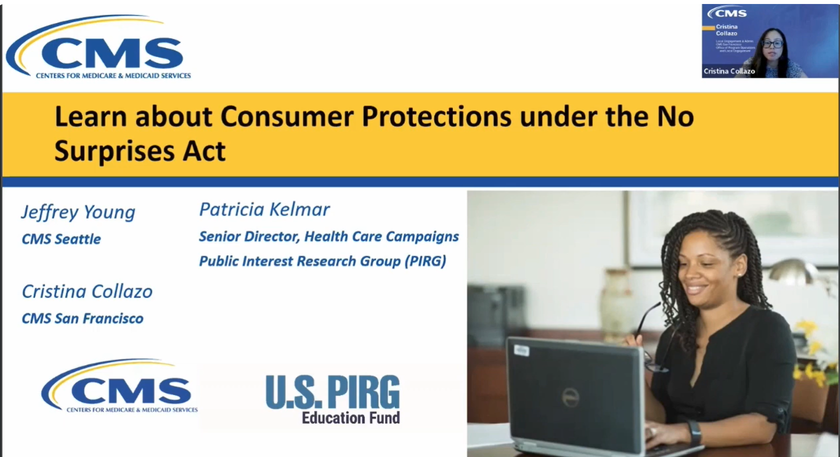 Opening slide of CMS and PIRG webinar on the No Surprises Act