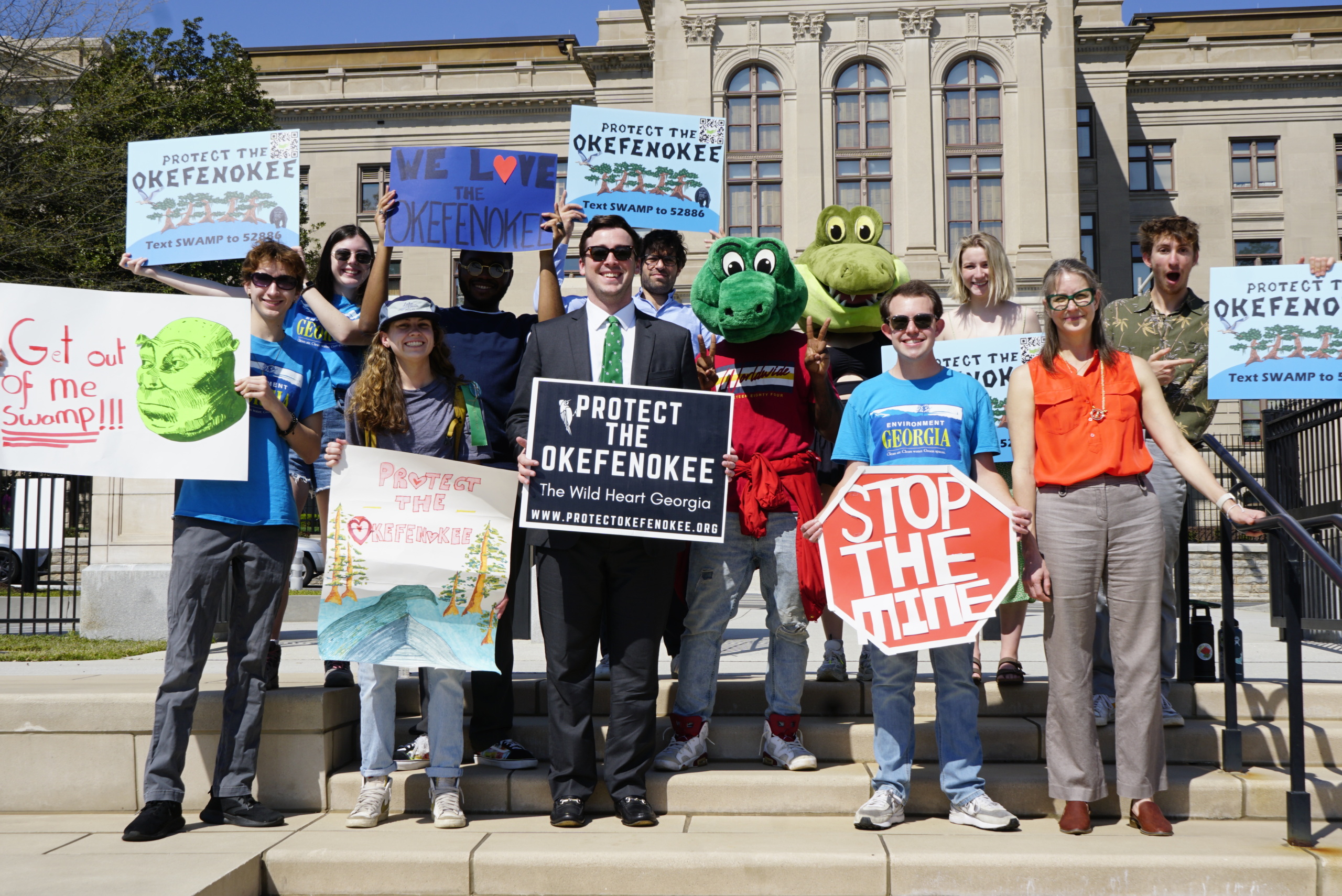 Students gather across from the Georgia Capitol to protect the Okefenokee Swamp
