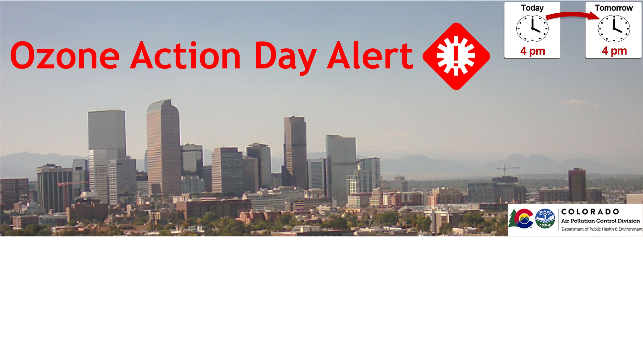 This image of an Ozone Action Day Alert shows the Denver skyline with smoggy skies in the background.