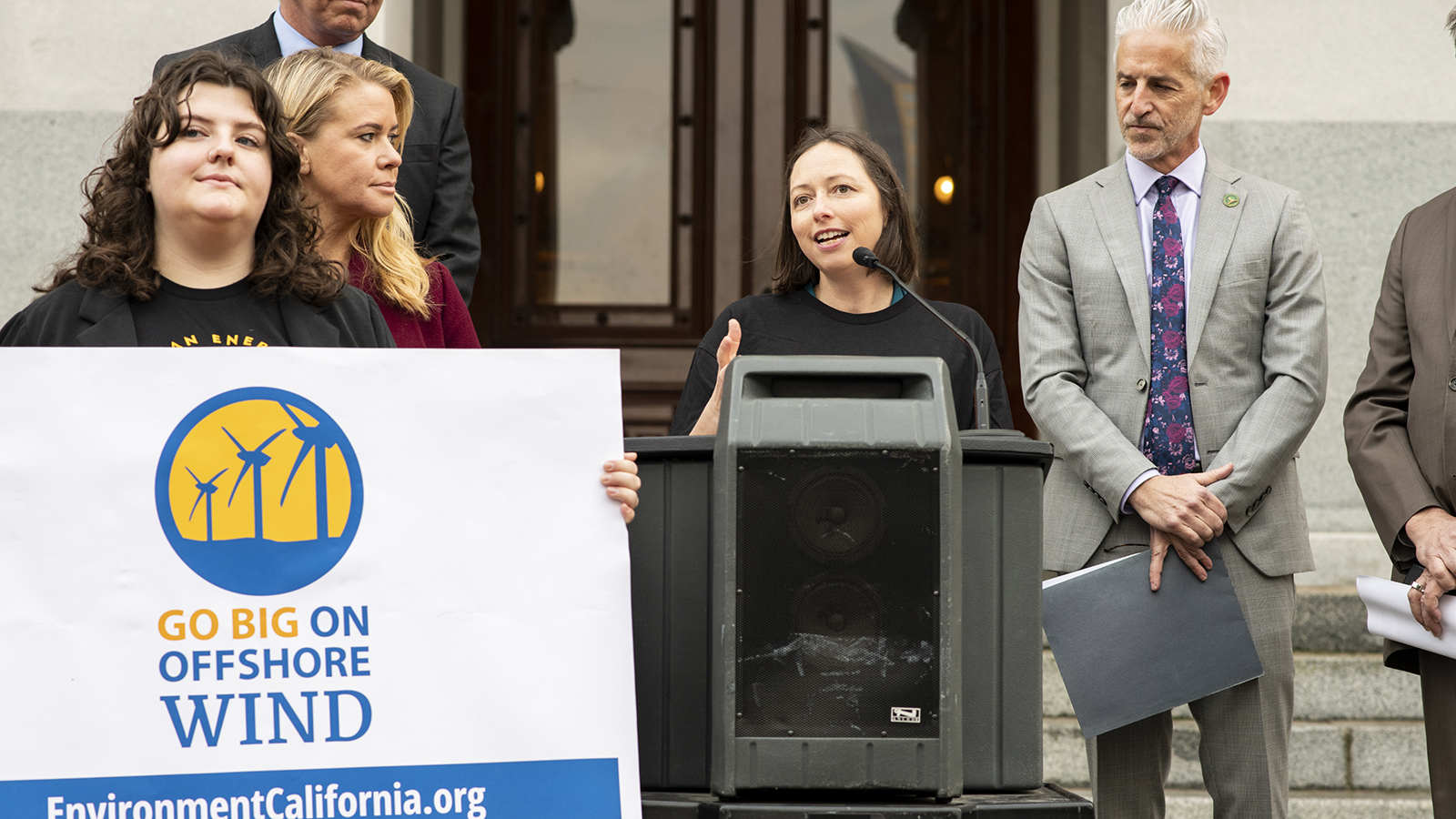 Environment California’s Laura Deehan spoke at an event to announce a bill to create a $1 billion bond for offshore wind ports in California.