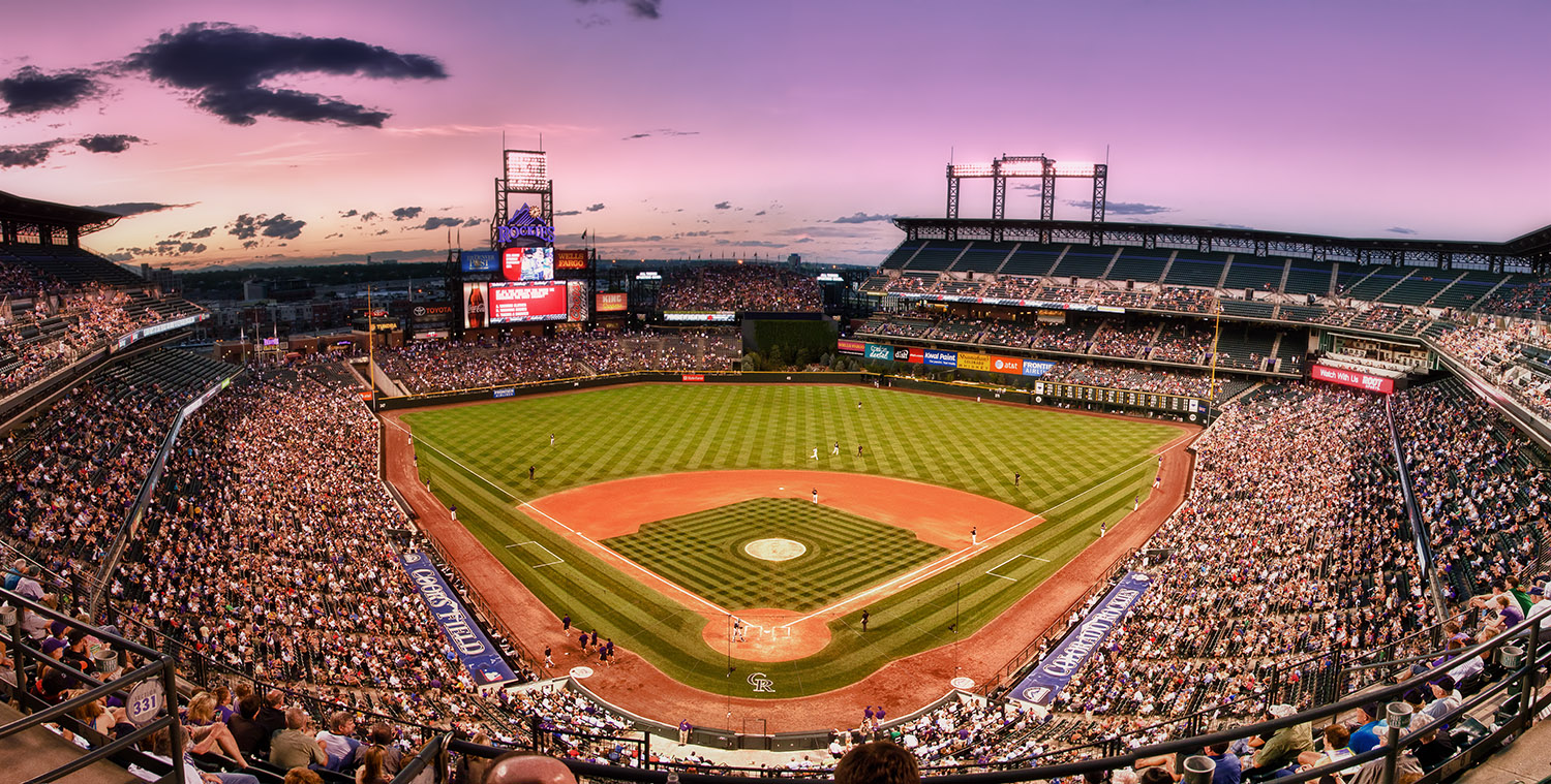 An evening view of Coors Field in Denver, Colorado
