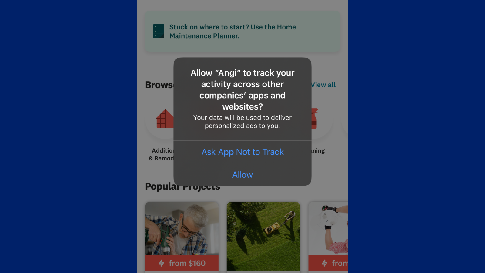 A screenshot of the App Tracking Transparency pop-up that reads